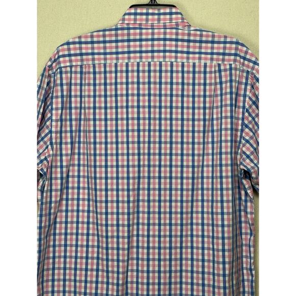 IZOD Mens Sz L Short Sleeve Button Down Shirt Blue Pink White Plaid 100% Cotton - Picture 7 of 11